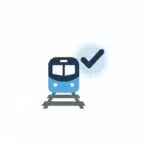 "Train on track with checkmark – successful transfer approval illustration"
