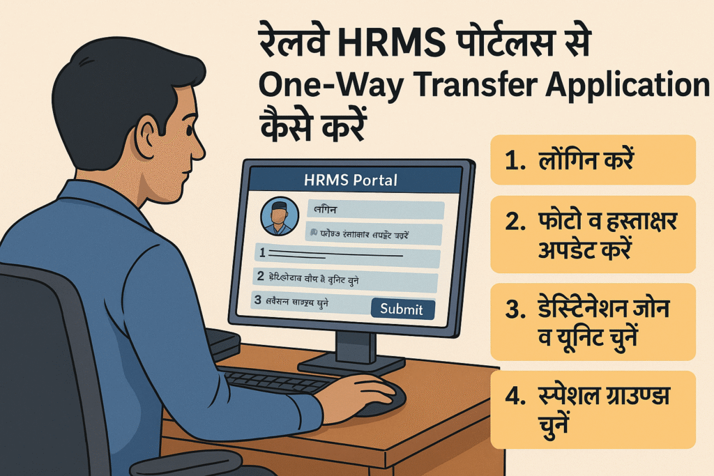 Indian railway employee using computer to submit one-way transfer application on HRMS portal with step-by-step Hindi guide in background.